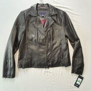 Tommy Hilfiger Women’s Black Faux Leather Biker Jacket Size Large New with Tag
